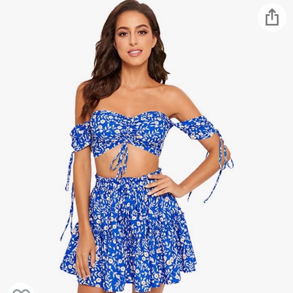Blue Floral Off-Shoulder Two-Piece Set